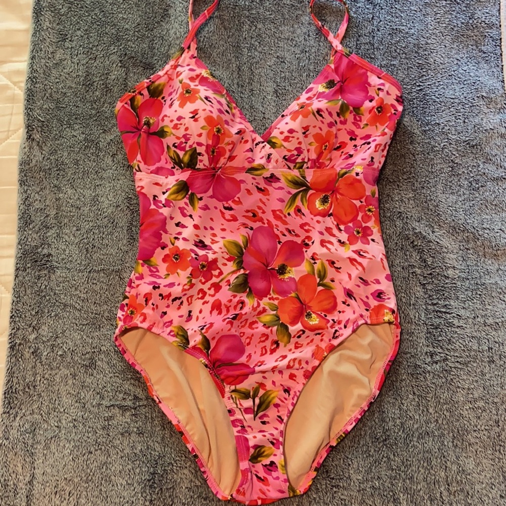 Tropical pink & print one piece swimsuit with lightly padded cups and high back